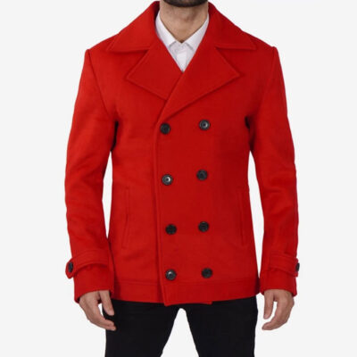 Mens Double Breasted Red Wool Melton Christmas Peacoat