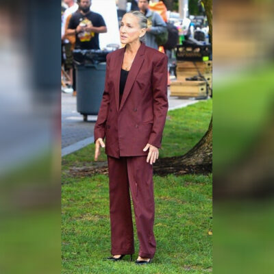 And Just Like That Carrie Bradshaw Oversized Burgundy Suit
