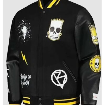 The Simpsons Black Leather Sleeves Varsity Jacket