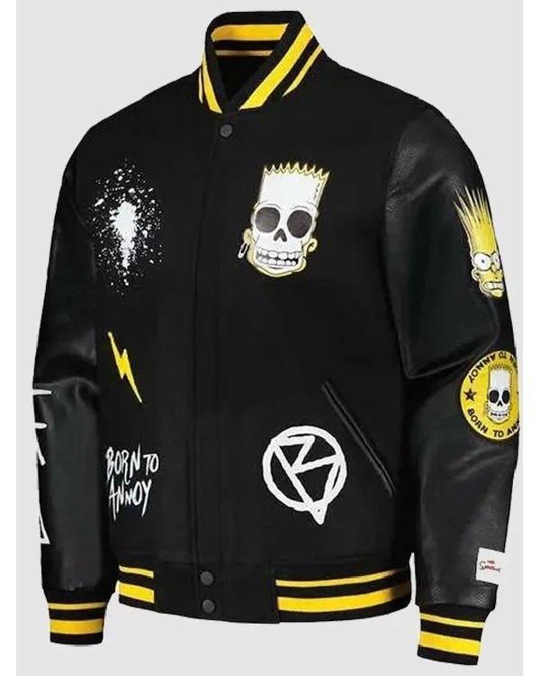 The Simpsons Black Leather Sleeves Varsity Jacket
