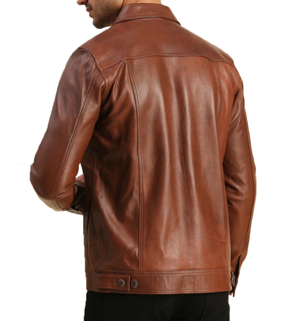 Brown Leather Trucker Jacket - Image 2
