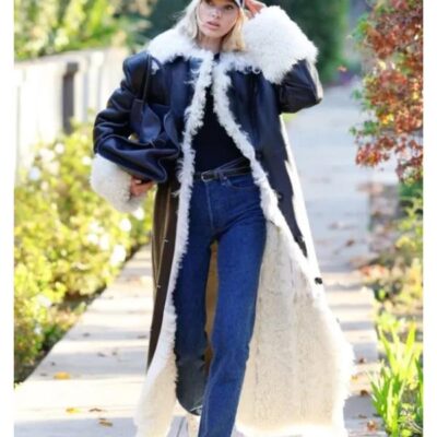 Elsa Hosk Black Shearling Leather Coat