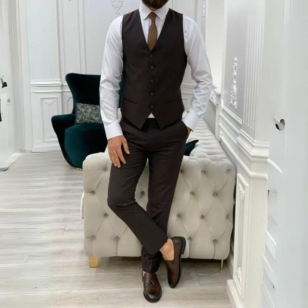 Mens Three Piece Brown Tuxedo Wedding Suit - Image 5