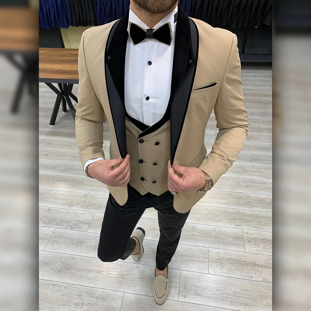 Men Shawl Collar Beige Tuxedo Suit