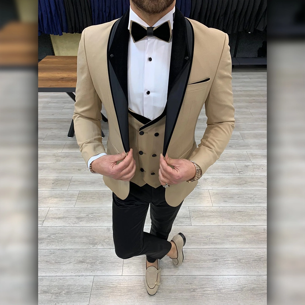 Men Shawl Collar Beige Tuxedo Suit - Image 4