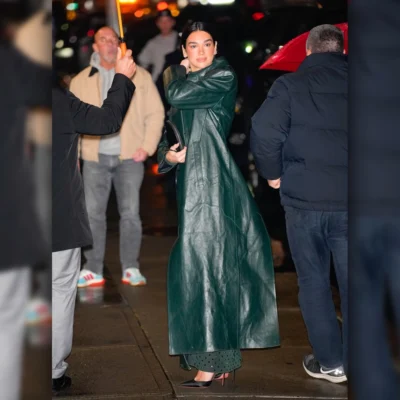 Dua Lipa Green Leather Trench Coat