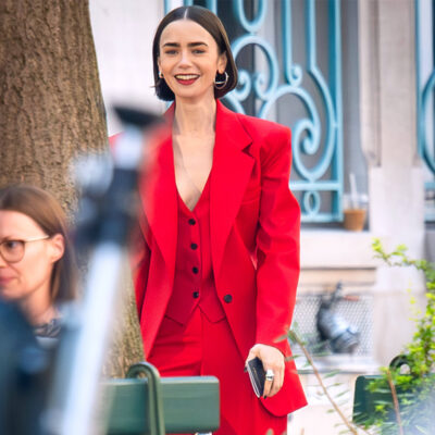Emily in Paris S05 Lily Collins Shooting Red 3pc Suit