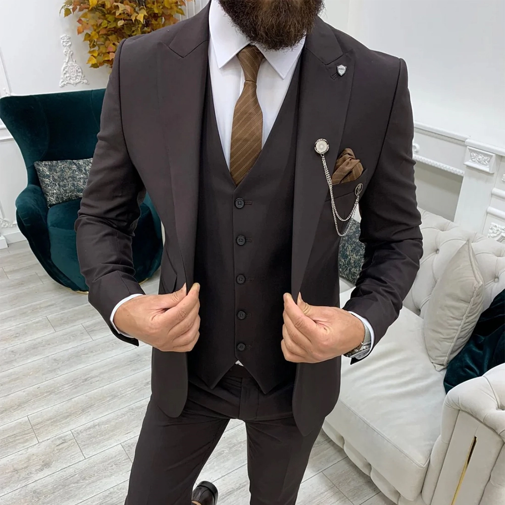 Mens Three Piece Brown Tuxedo Wedding Suit